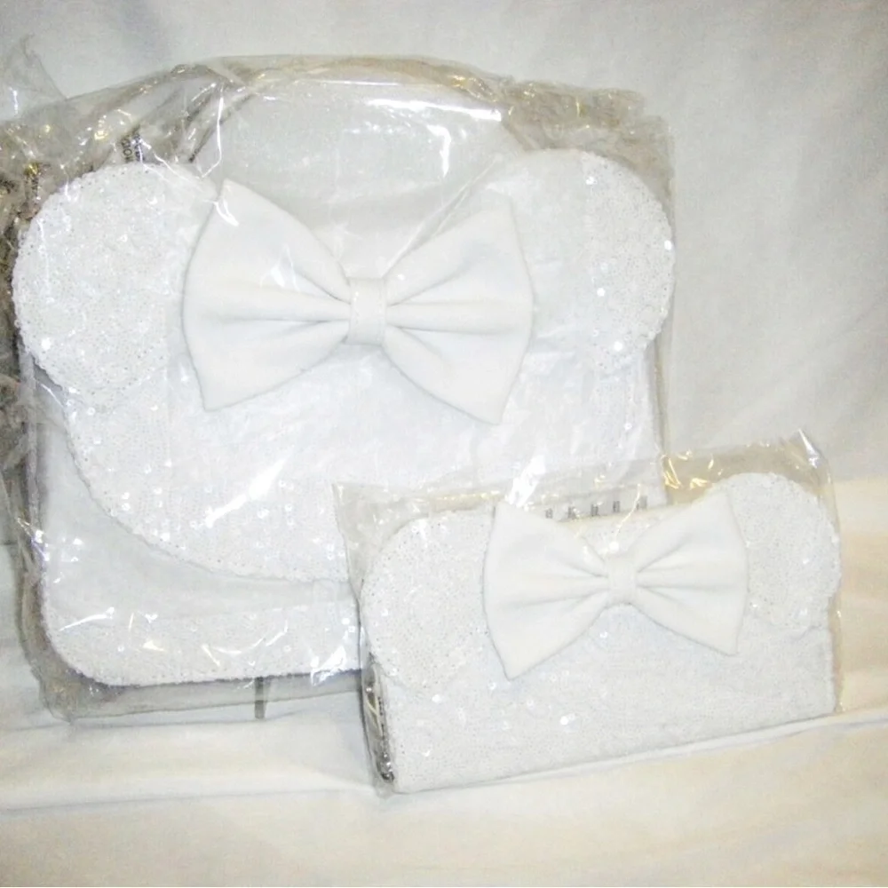 2pc. Loungefly Ltd Ed Minnie Mouse White Sequin Wedding Crossbody Bag & Wallet